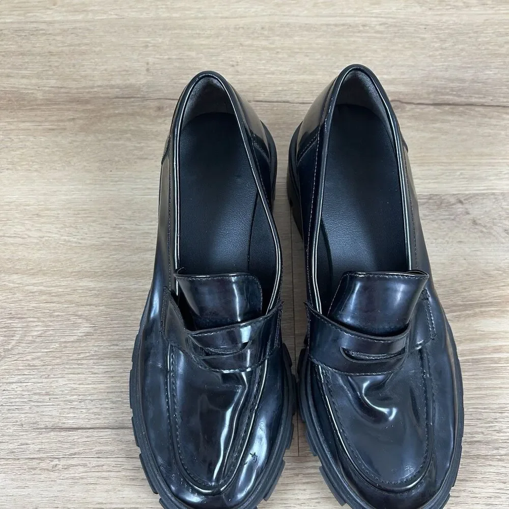 Y2K 7 Chunky Penny Loafers Black Shiny Chunky Heel Slip On Shoes